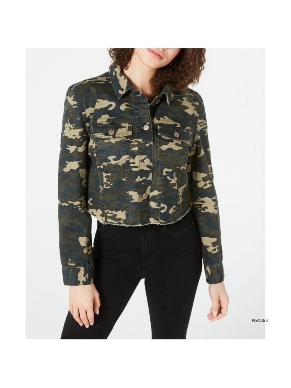 TINSELTOWN CAMO CROPPED RAW EDGE HEM JACKET ARMY GREEN - EUC